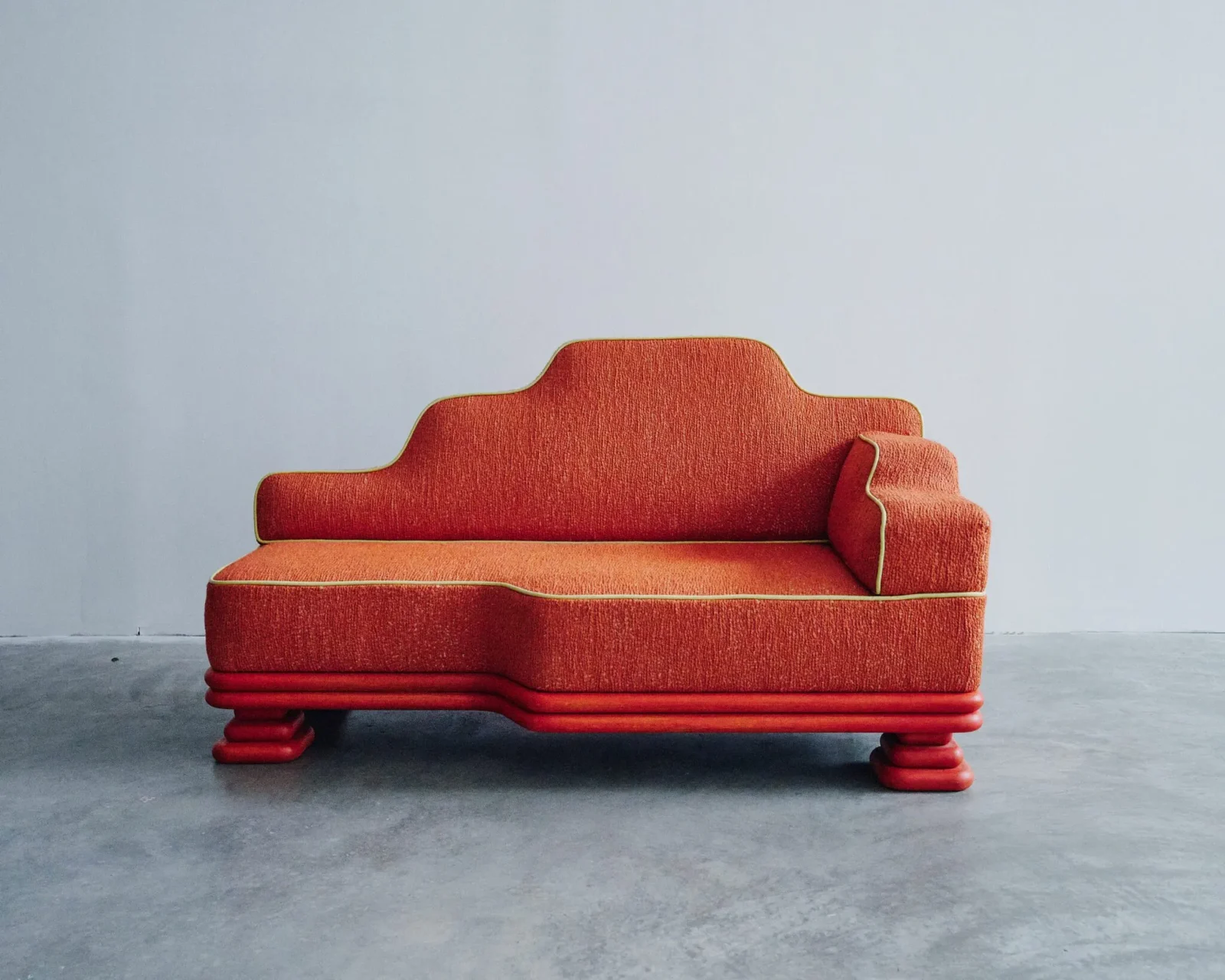 Siesta Butte daybed in Pierre Frey fabric on a stained white oak base by Taylor Scott Ross