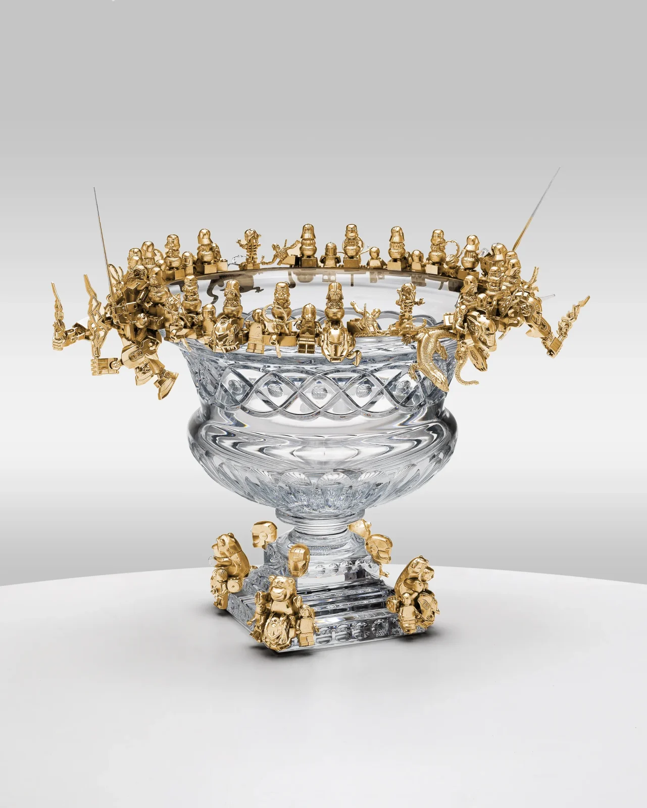 RENAISSANCE Triumph engraved crystal goblet with gold-leaf brass figures by Leo De Carlo