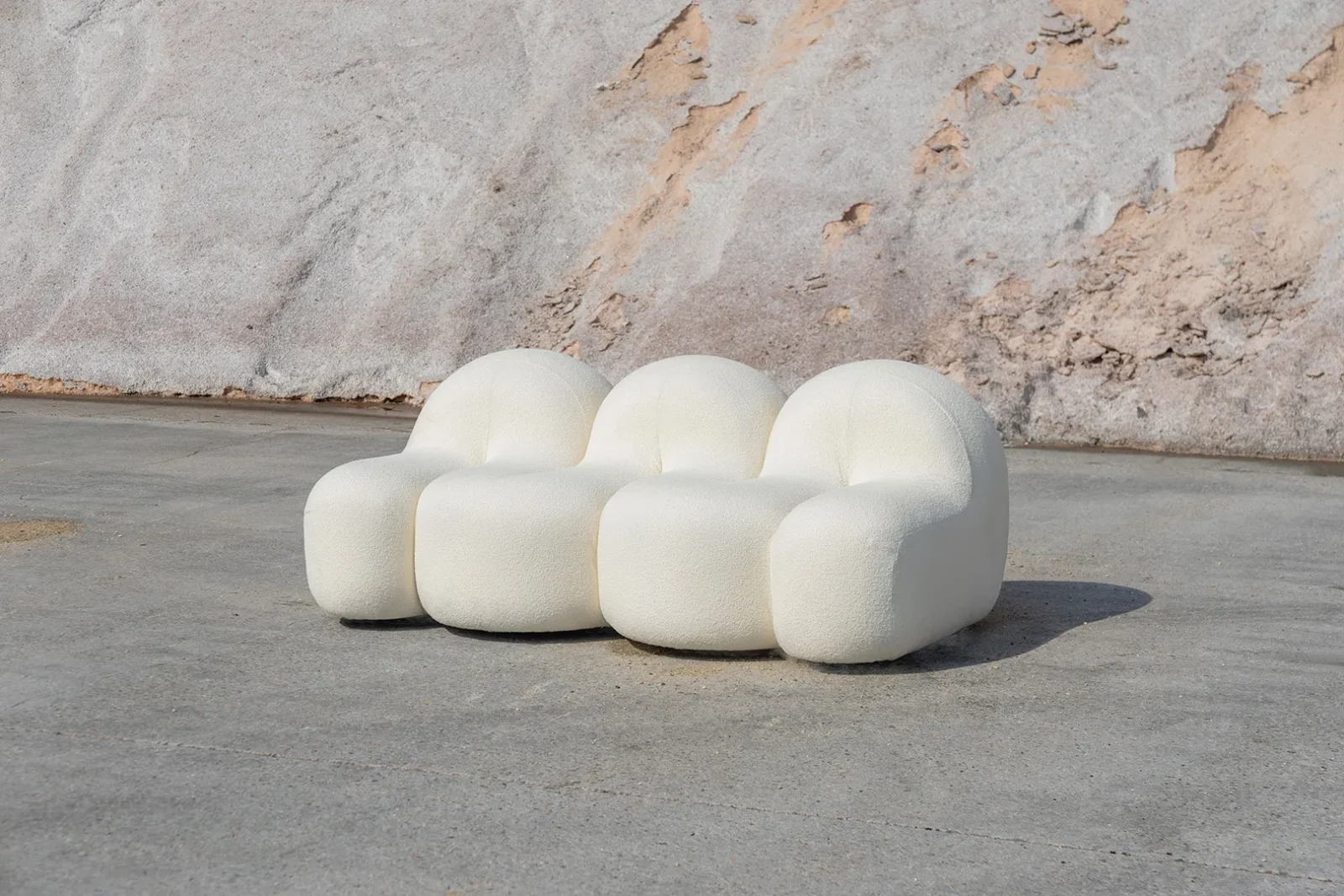 coastal sofa wrapped entirely in wool, built from merged 3D curves