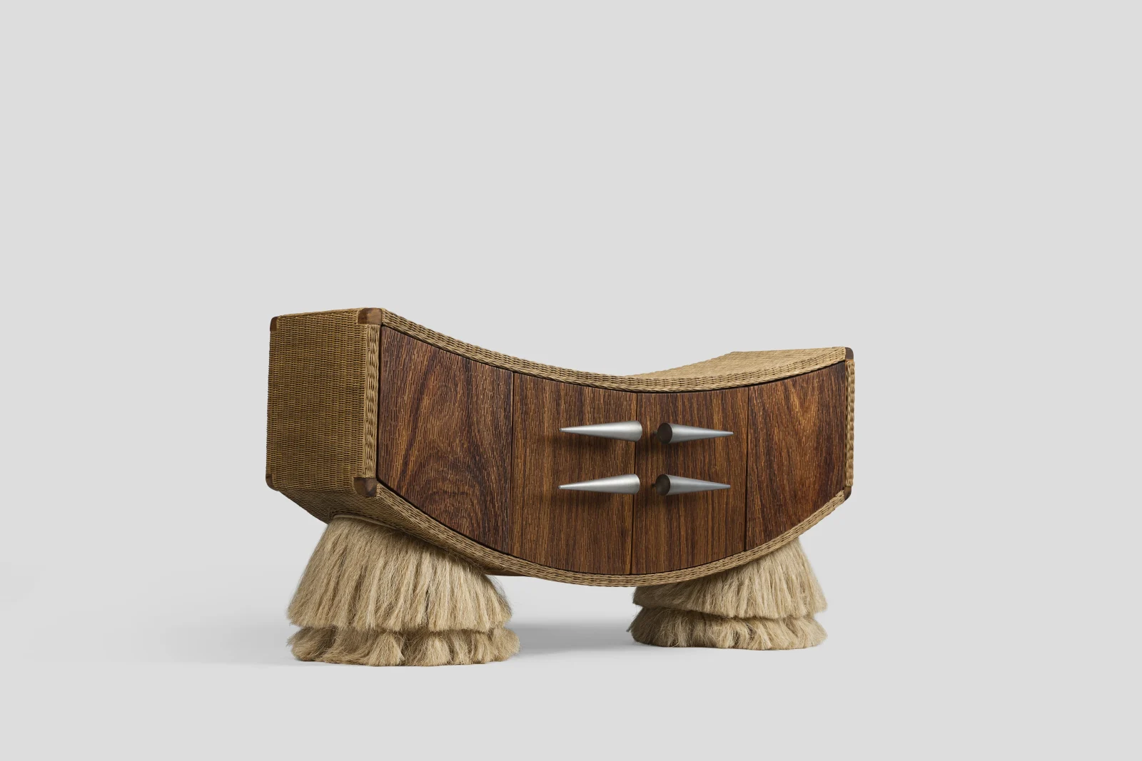 Ramon sideboard in huanacaxtle wood, raw steel and sisal fibre by Comite de Proyectos