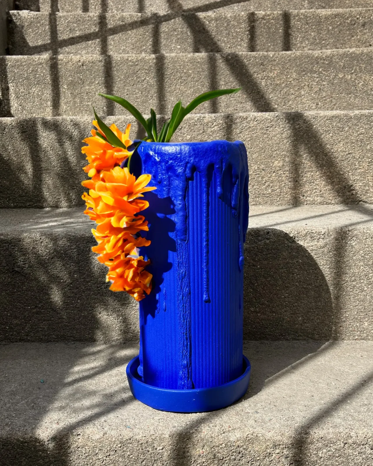 Melted V.17 sculptural vase in blue built up in layers by John Nordenstein