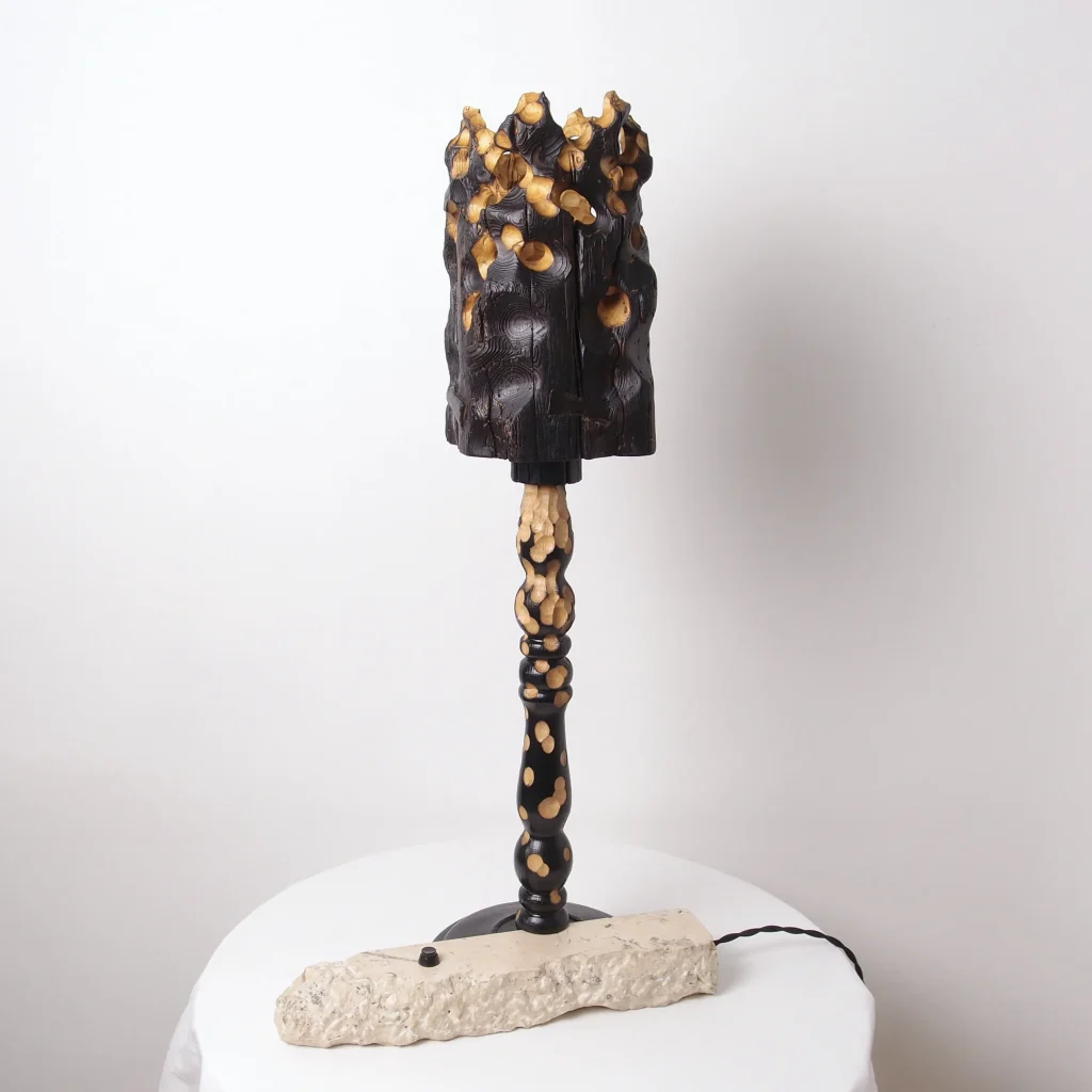 Torch table lamp by Gabor Gobi, assembled from repurposed components