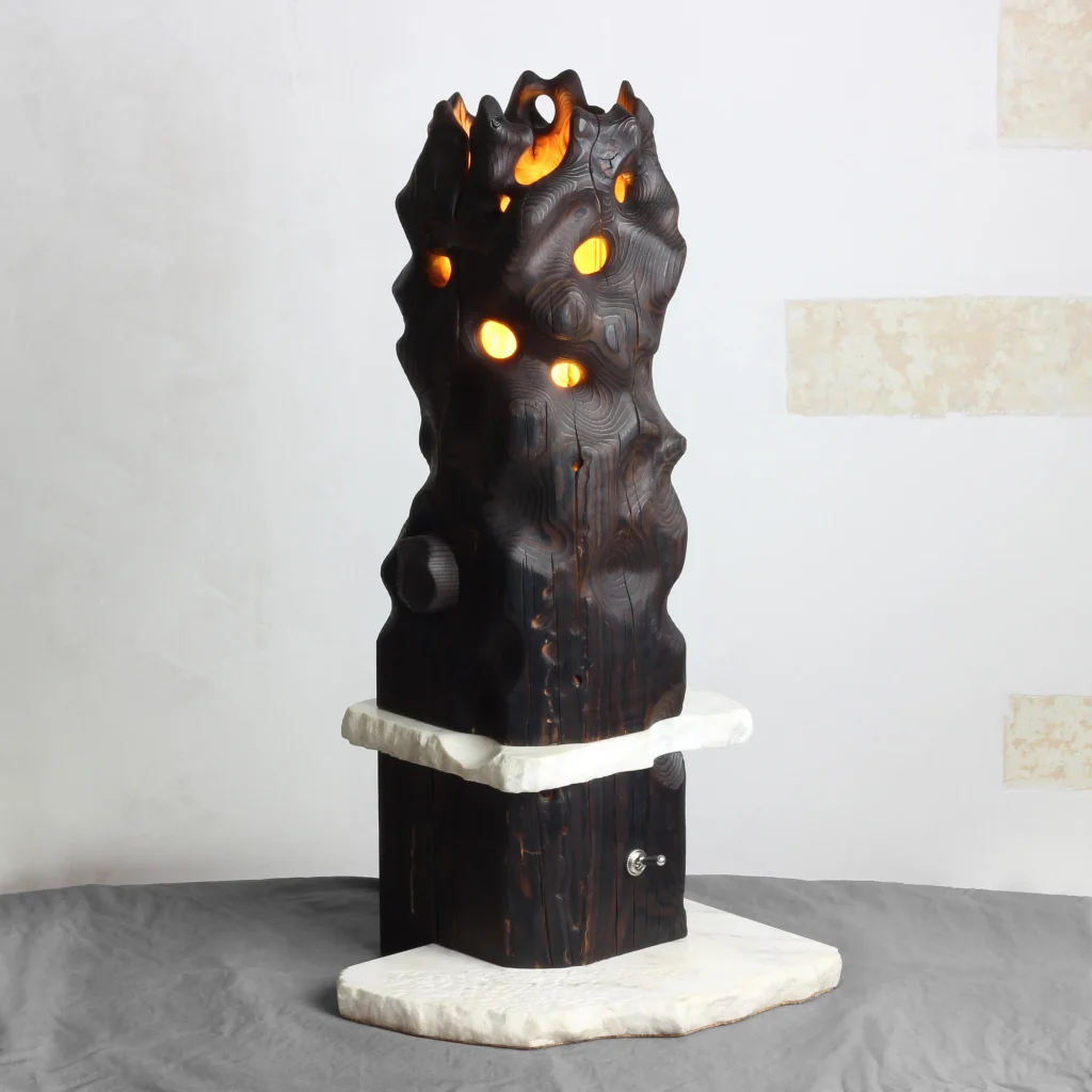 Volcano sculptural table lamp in charred reclaimed wood and white marble by Gábor Góbi