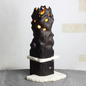 Volcano sculptural table lamp in charred reclaimed wood and white marble by Gábor Góbi