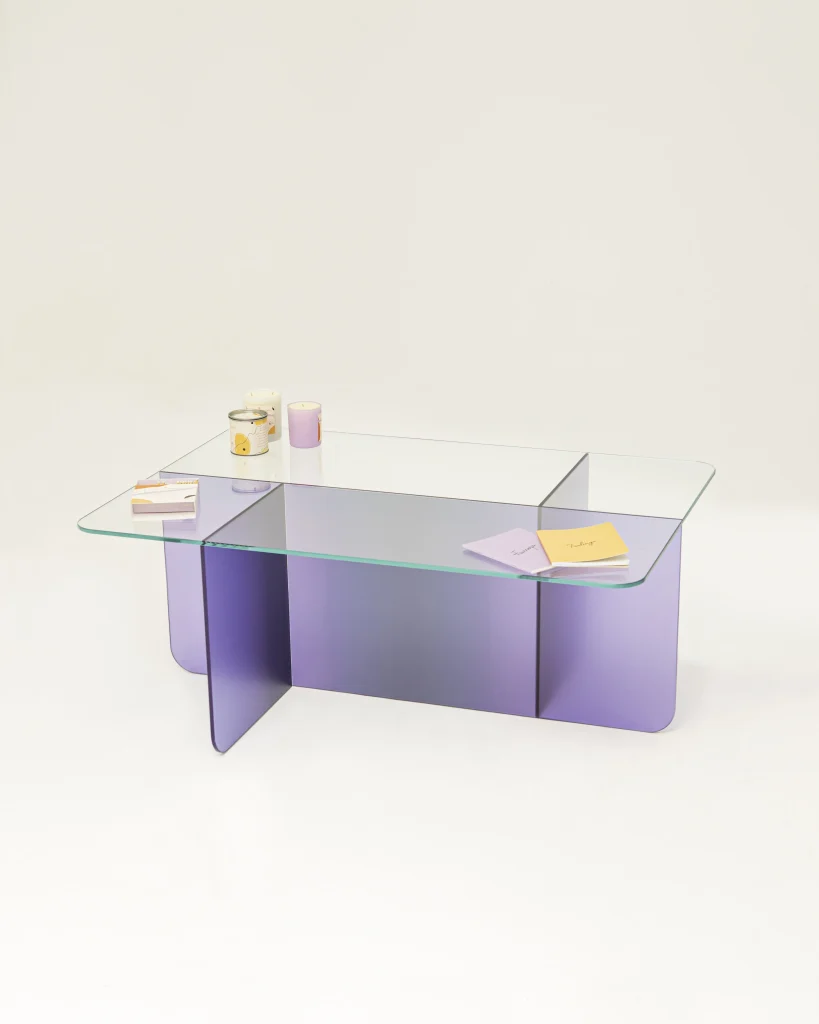 Stardust coffee table by Studio Monsoleil in gradient purple tempered glass