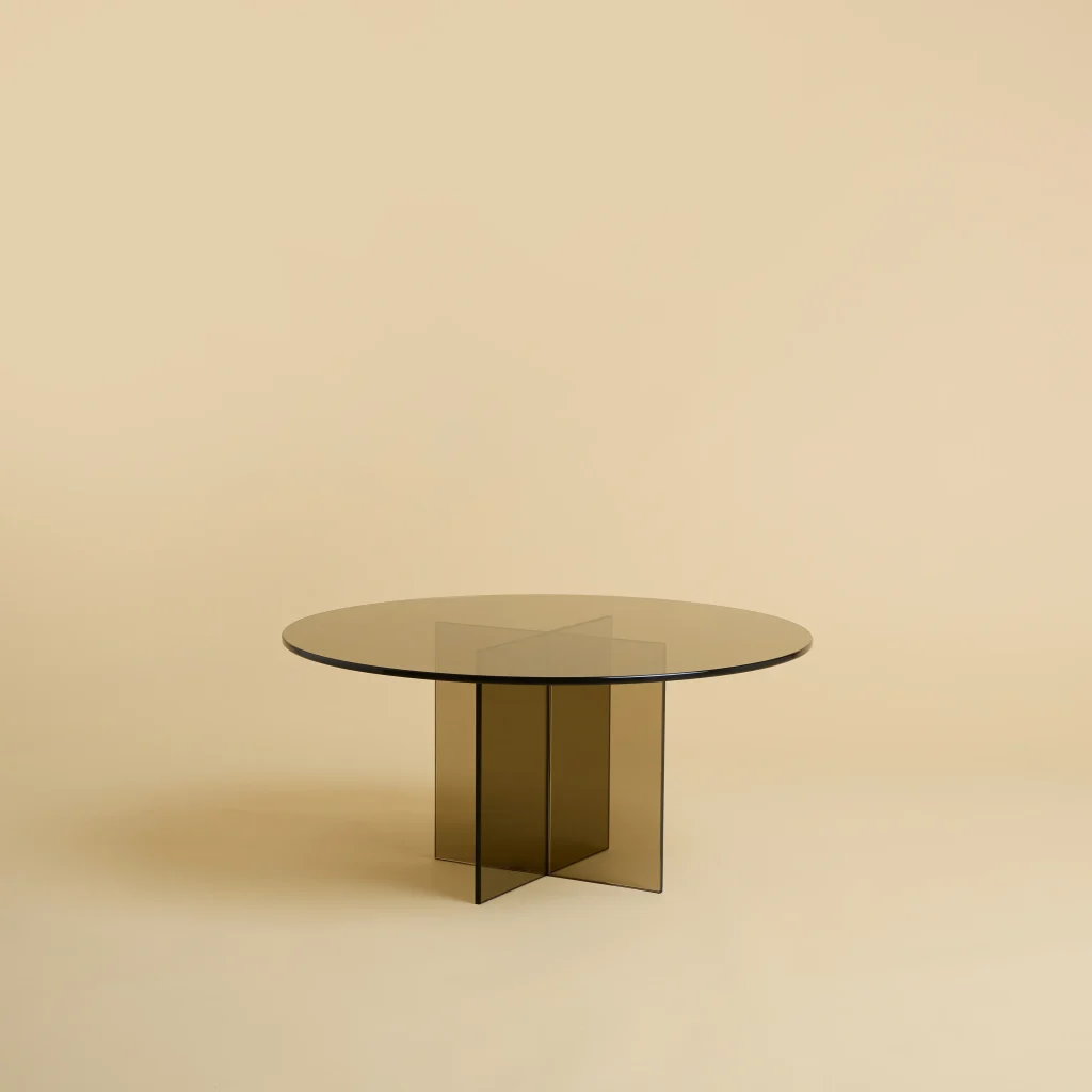 【あーき】X-base Smoked Glass Table Smoked Glass and Oak Base Dining Table | Rotsen Furniture