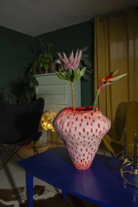 Fraise strawberry-shaped red ceramic vase by UAU Studio, bold maximalist decor for a shelf or table