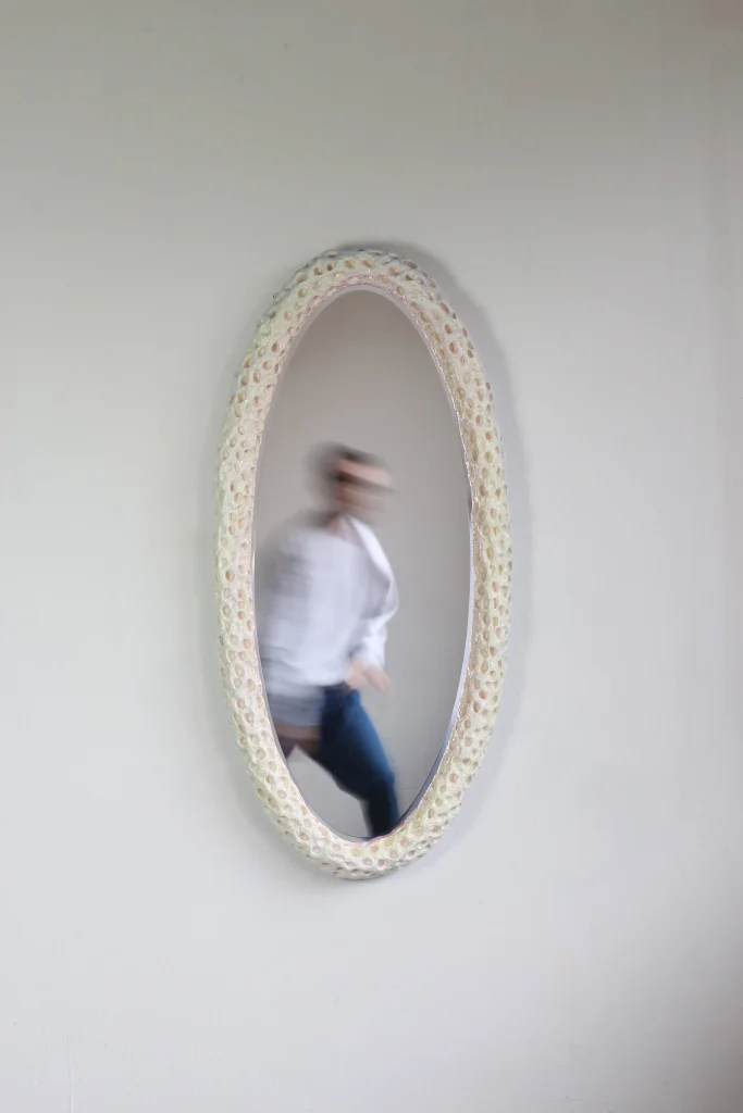 Blue, yellow and pink textured papier-mache wall mirror by David Cap, pastel maximalist wall decor