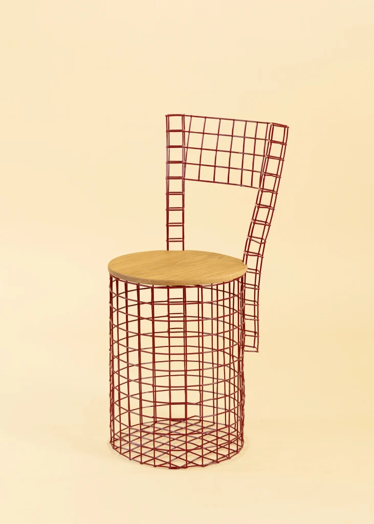 Fresh Catch chair made from salvaged lobster trap steel with a white oak seat by Lauren Goodman