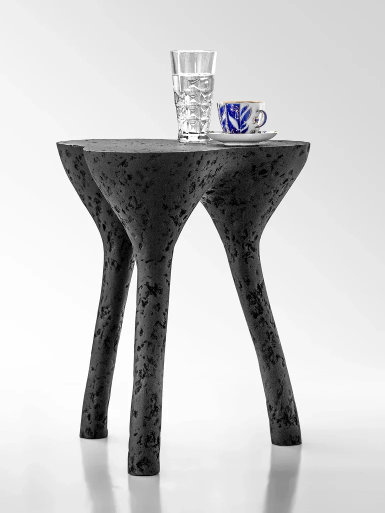 Solid Black Stone Low Side Table - Tripod Series In Cast Stone By Donatas Zukauskas — 2