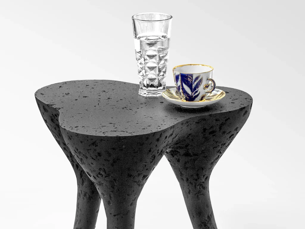 Solid Black Stone Low Side Table - Tripod Series In Cast Stone By Donatas Zukauskas — 3