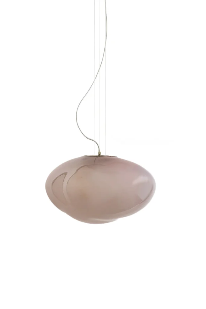 Haumea Convex Pendant Lamp in taupe opaque glass hanging from the ceiling, front view.