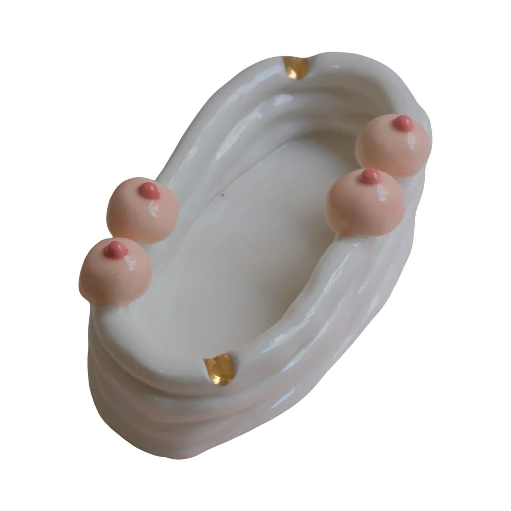 Hot! hand-built porcelain ashtray with gold luster by Hania Jneid, a playful maximalist decor object