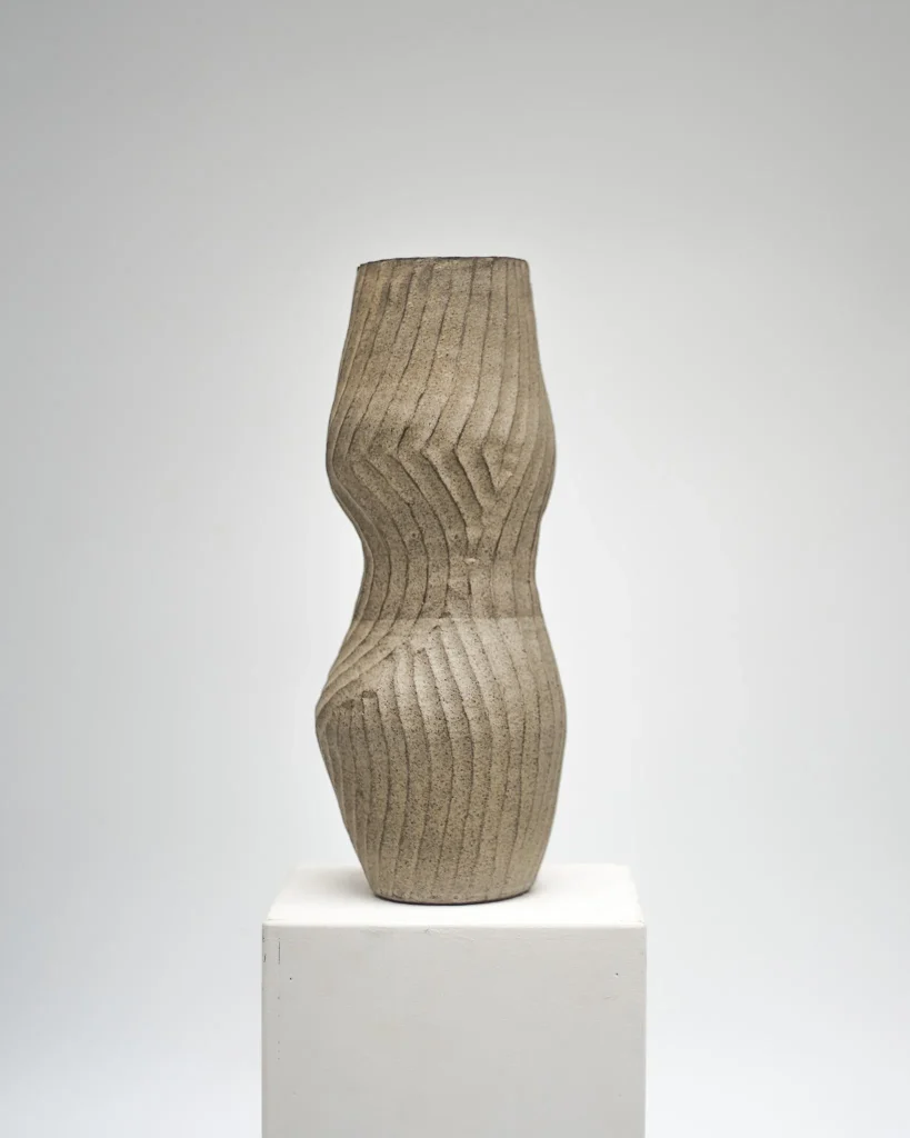 Round And Round | Beige On Grey With Lines | Vase #1-5-24 — 2