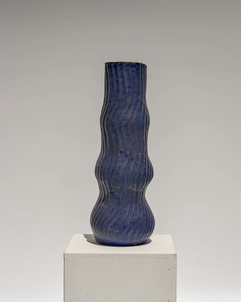 Round And Round | Blue On Grey With Lines | Vase #3-5-24 — 2