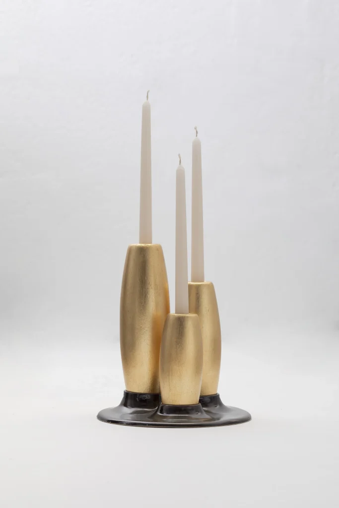 Salar Decorative Ceramic Candleholder With Gold Leaf Solid Wood Plynths — 2
