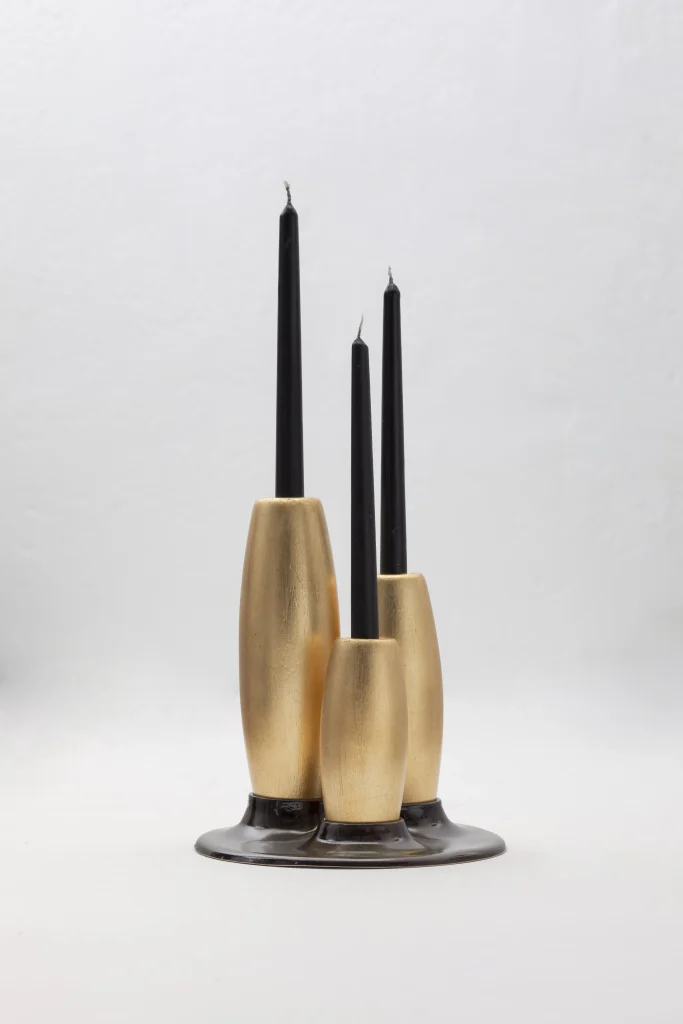 Salar Decorative Ceramic Candleholder With Gold Leaf Solid Wood Plynths — 5
