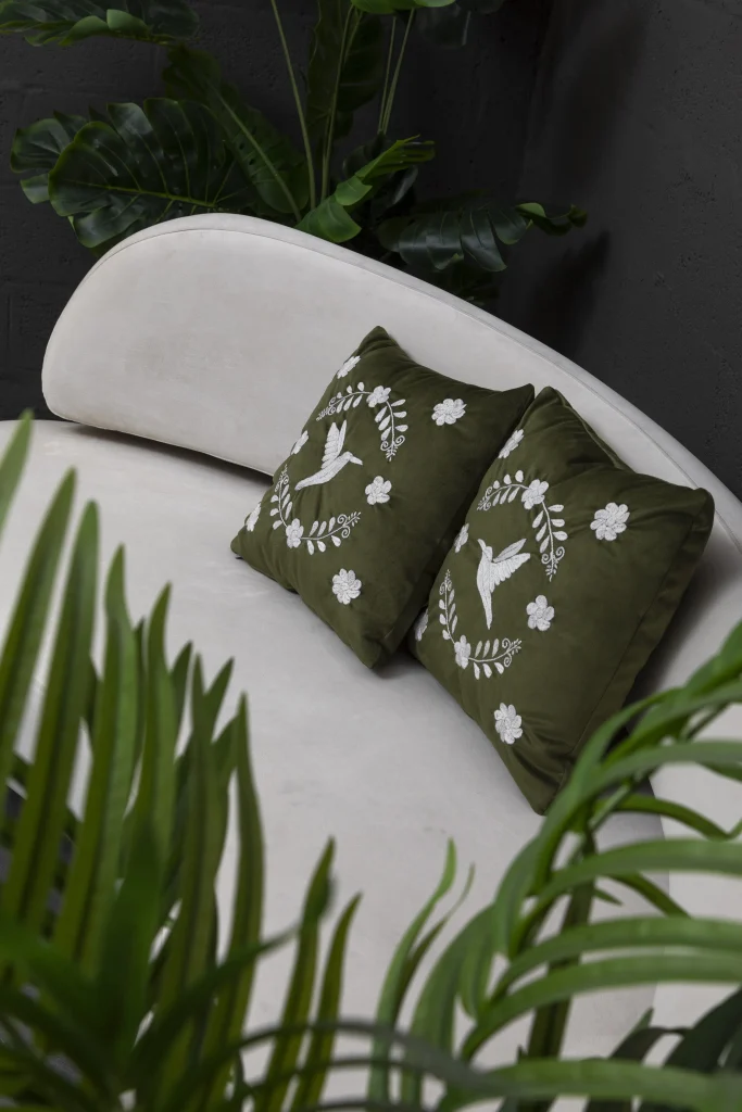 ColibrÍ Hand Embroidered Decorative Pillows In Olive Green Velvet, Set Of 2 — 4