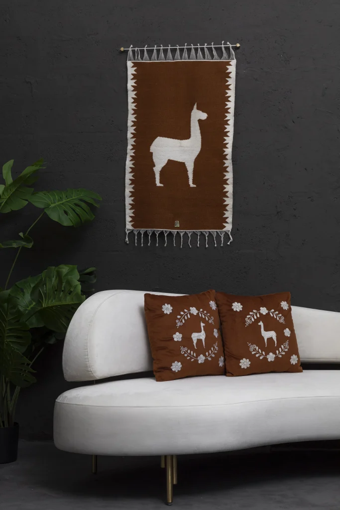 Llama Sheep Wool Handwoven Tapestry, Aged Bronze Wall Mount, Terracota — 4