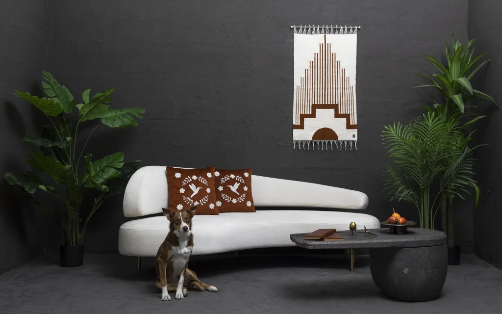 Centro Sheep Wool Handwoven Tapestry, Aged Bronze Wall Mount, Ivory & Terracota — 3