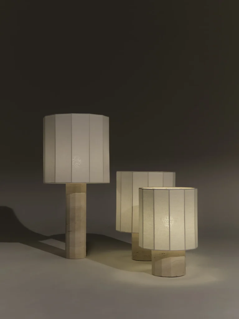 Roma Dodecagon Small Table Lamp in Travertine and Brass — 3