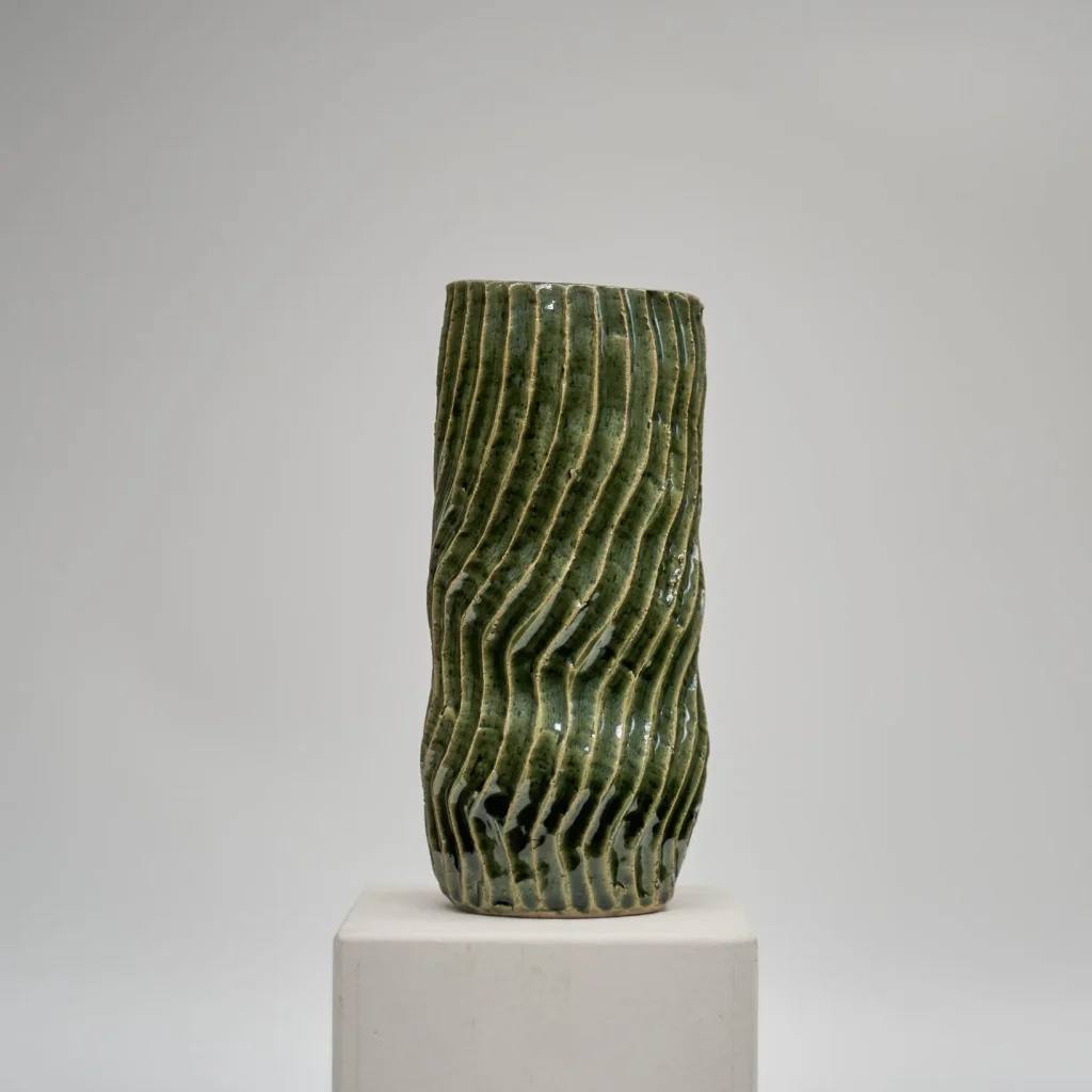 Round And Round | Green On Grey With Lines | Vase #7-7-24 — 2