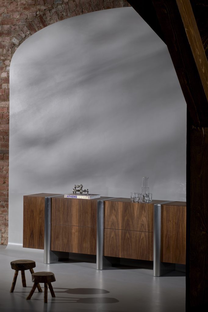 Mast sideboard by Formatter in walnut veneer and stainless steel with stepped volume