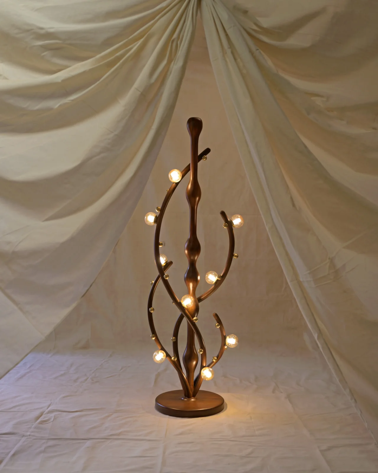 Tendril floor lamp with sculpted teak arms curving around amber-tinted glass globes by Studio Indigene