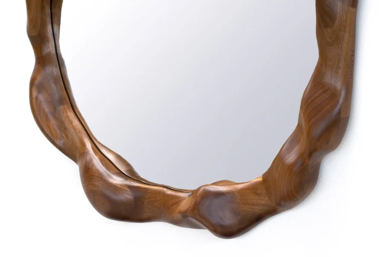 Round Sculptural Wavy Mirror In Walnut Wood — 4