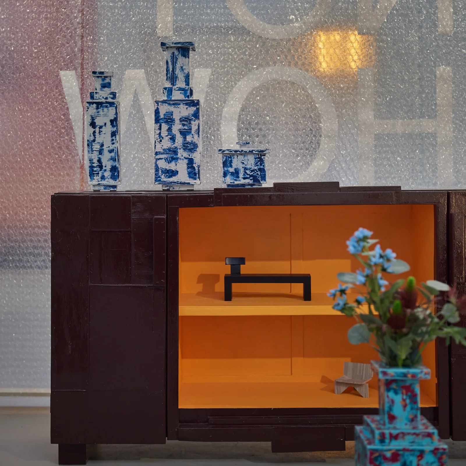 Practice semi-open credenza by Studio Fabius Clovis in high-gloss lacquered reclaimed wood offcuts