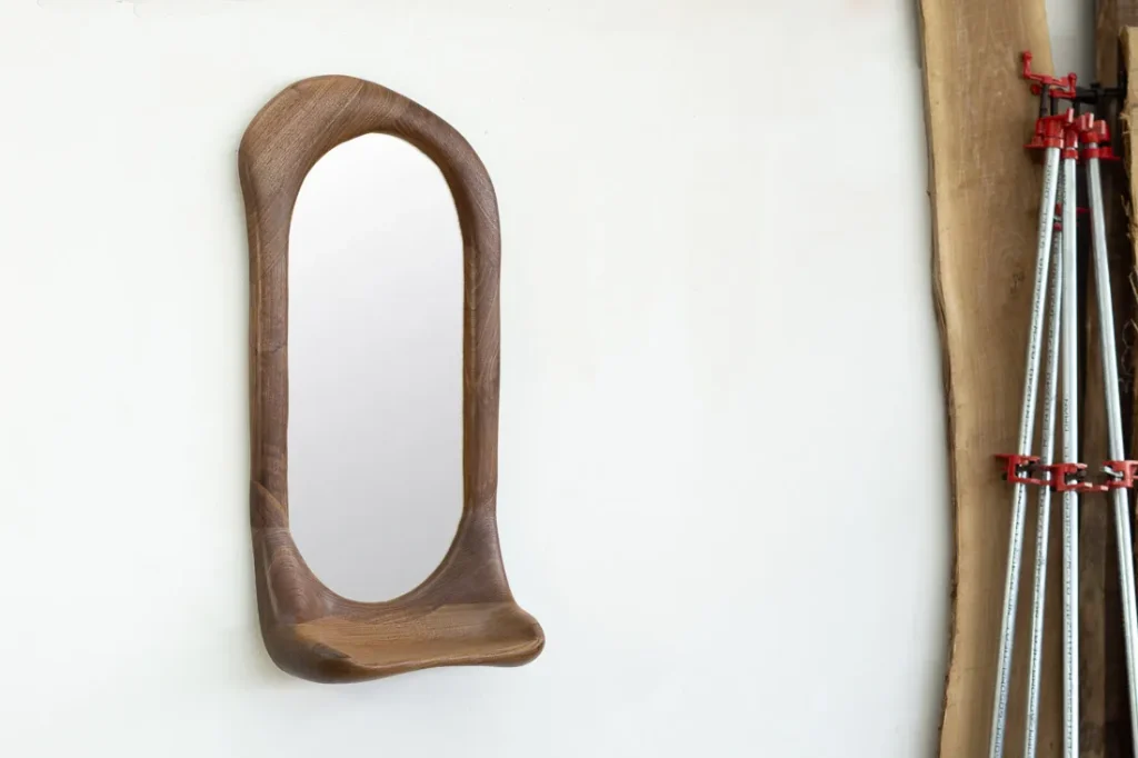 Sculptural Mirror With Shelf - Natural Walnut Wood — 3