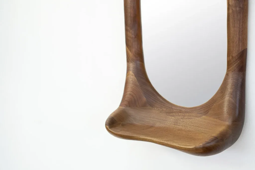 Sculptural Mirror With Shelf - Natural Walnut Wood — 4