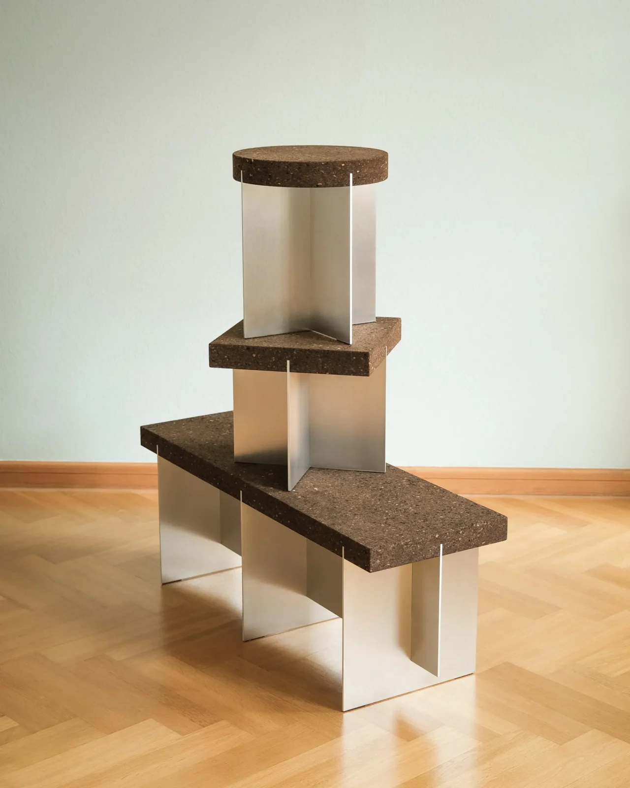 Cork X side table in cork and aluminium, industrial in construction