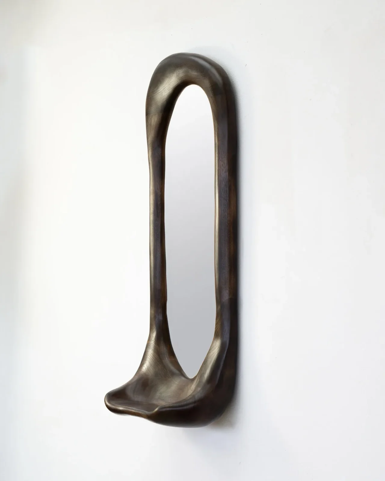 Sculptural Mirror With Shelf - Slightly Charred Walnut Wood — 2