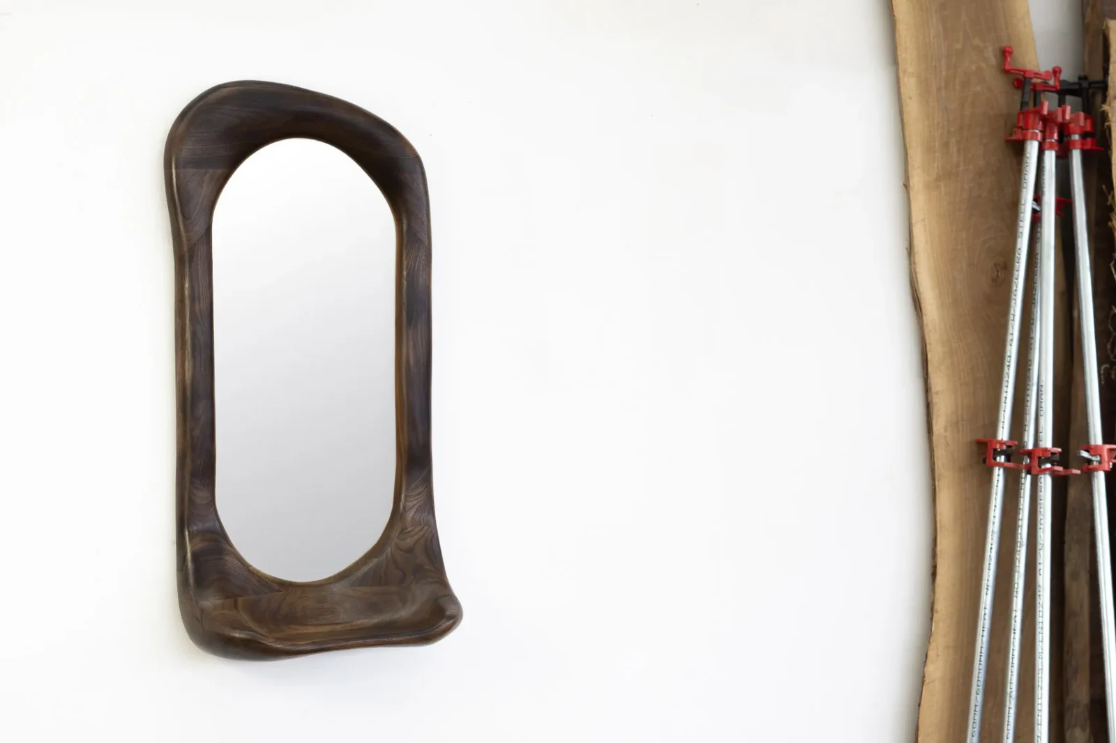 Sculptural Mirror With Shelf - Slightly Charred Walnut Wood — 3