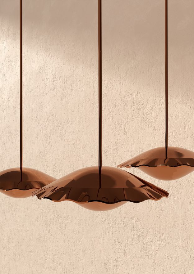 Clam copper pendant hand-raised in Loule and shaped after the Portuguese Cataplana pan by Studio Gameiro
