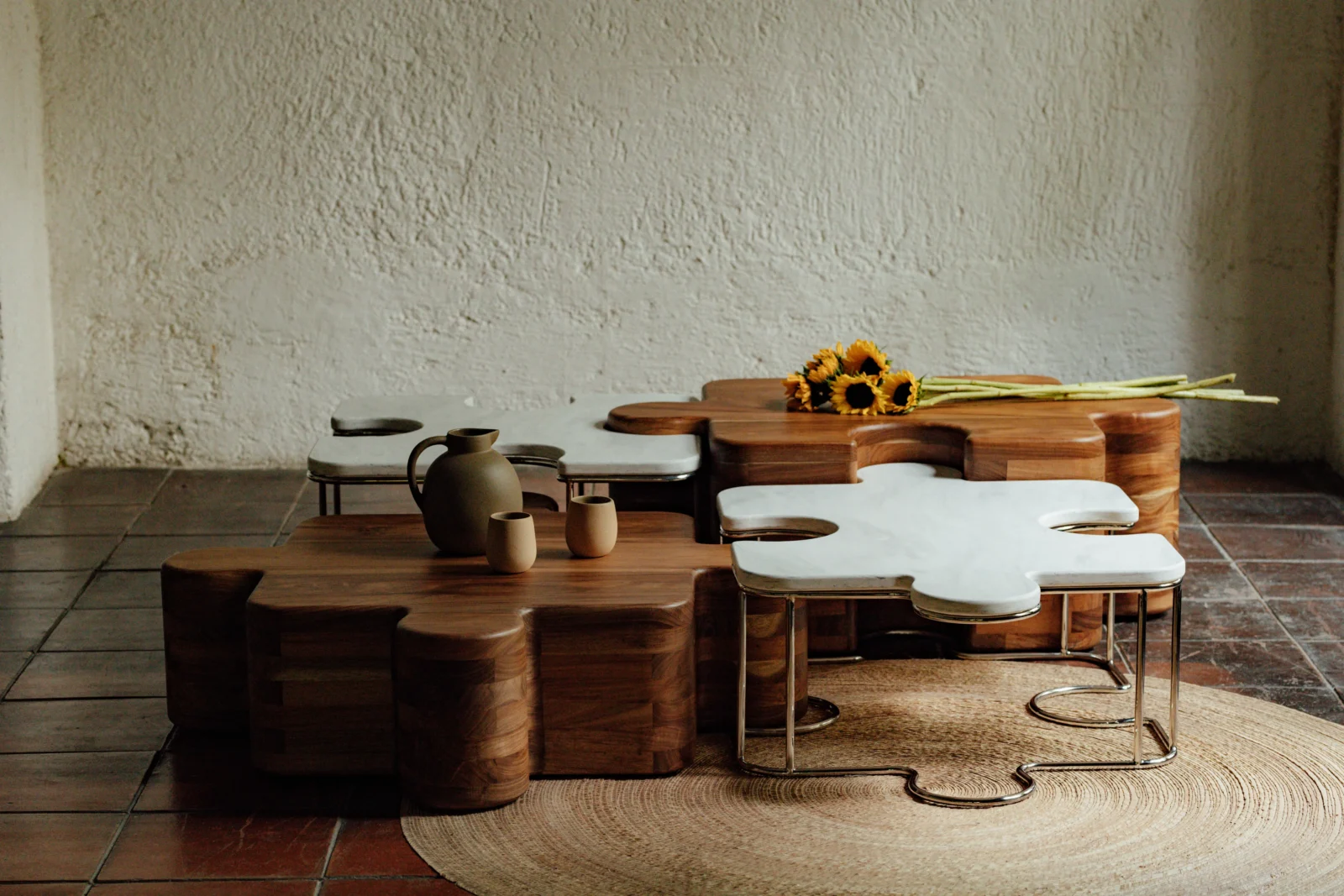 Piezas coffee table in Mexican Tzalam wood, cut into interlocking puzzle forms
