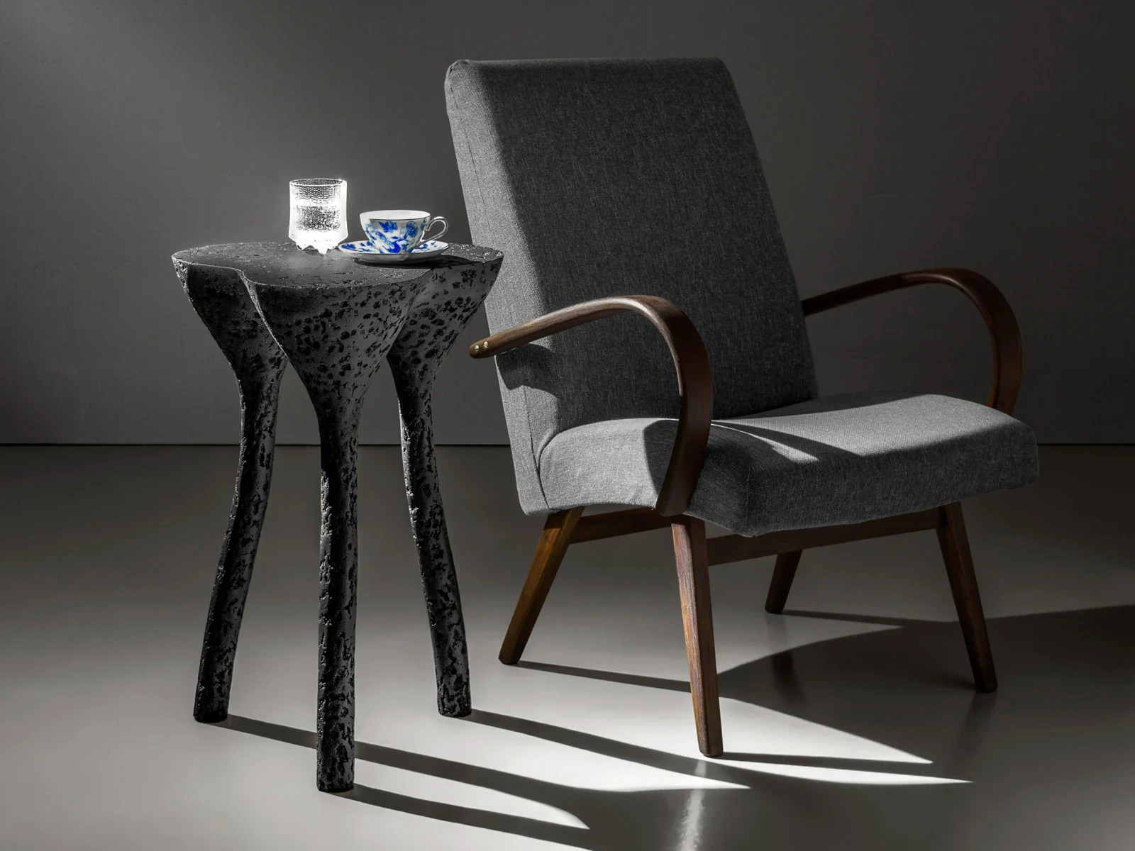 Solid Black Stone High Side Table - Tripod Series In Cast Stone By Donatas Zukauskas — 7