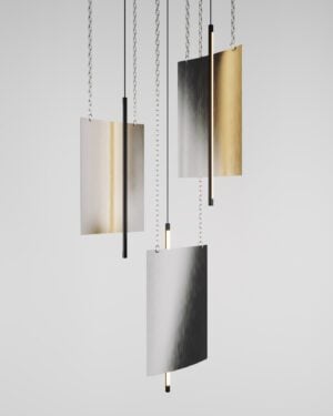 Svitlotin Anisotropy Ceiling Lamp in gold and gray metal panels hanging on chains, angled view.