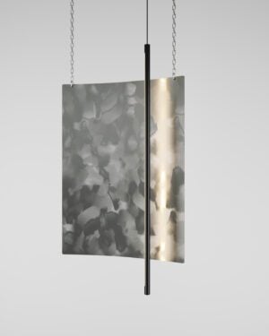Svitlotin Brush Strokes Pendant Lamp in Stainless Steel hanging on chains, front view.