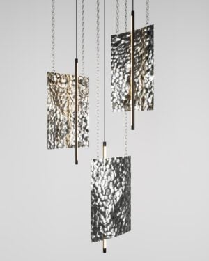 Svitlotin Hammered Stamp Pendant Lamp in Stainless Steel hanging on chains, front view.