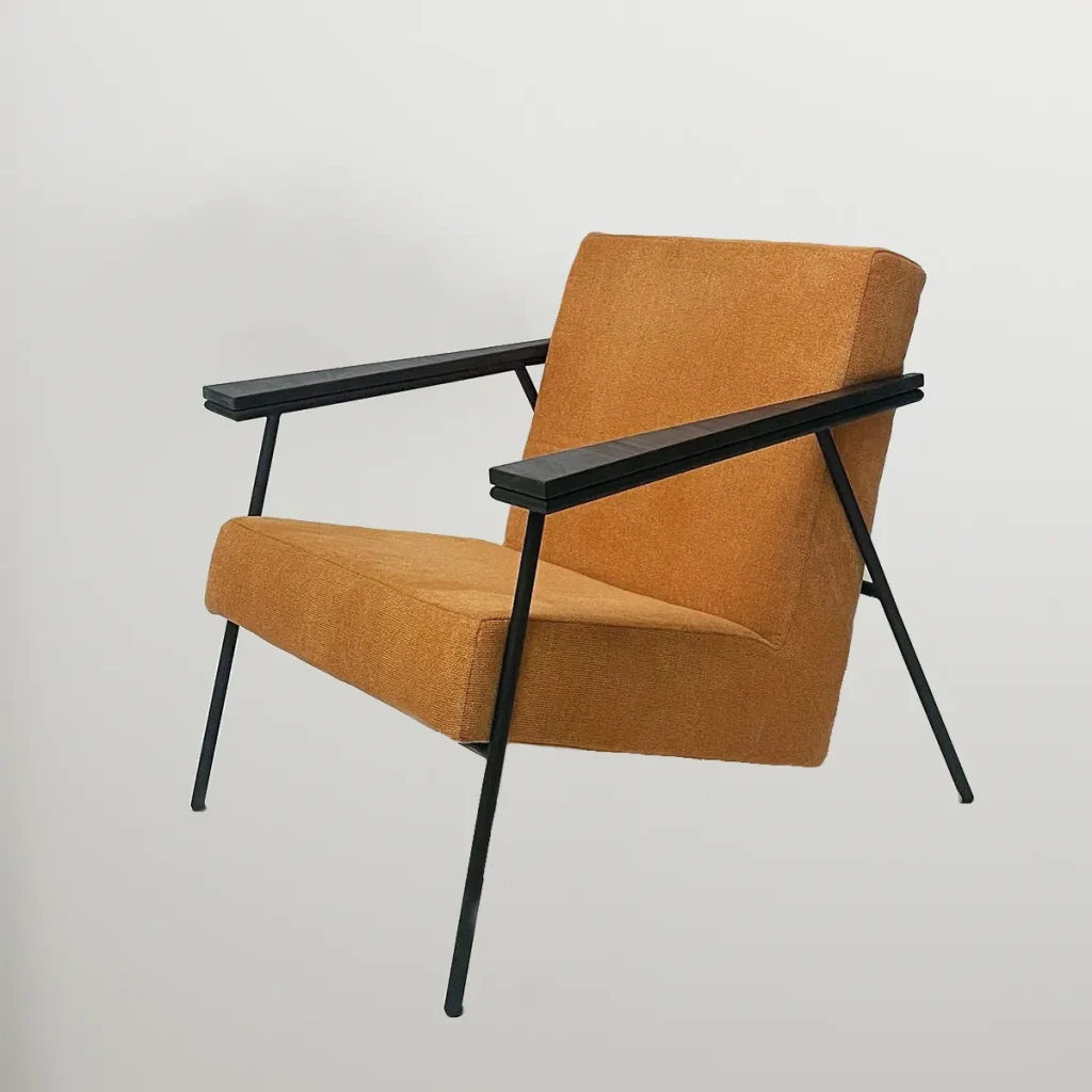 Orange Mid-century Wooden Armchair With Padded Fabric Upholstery