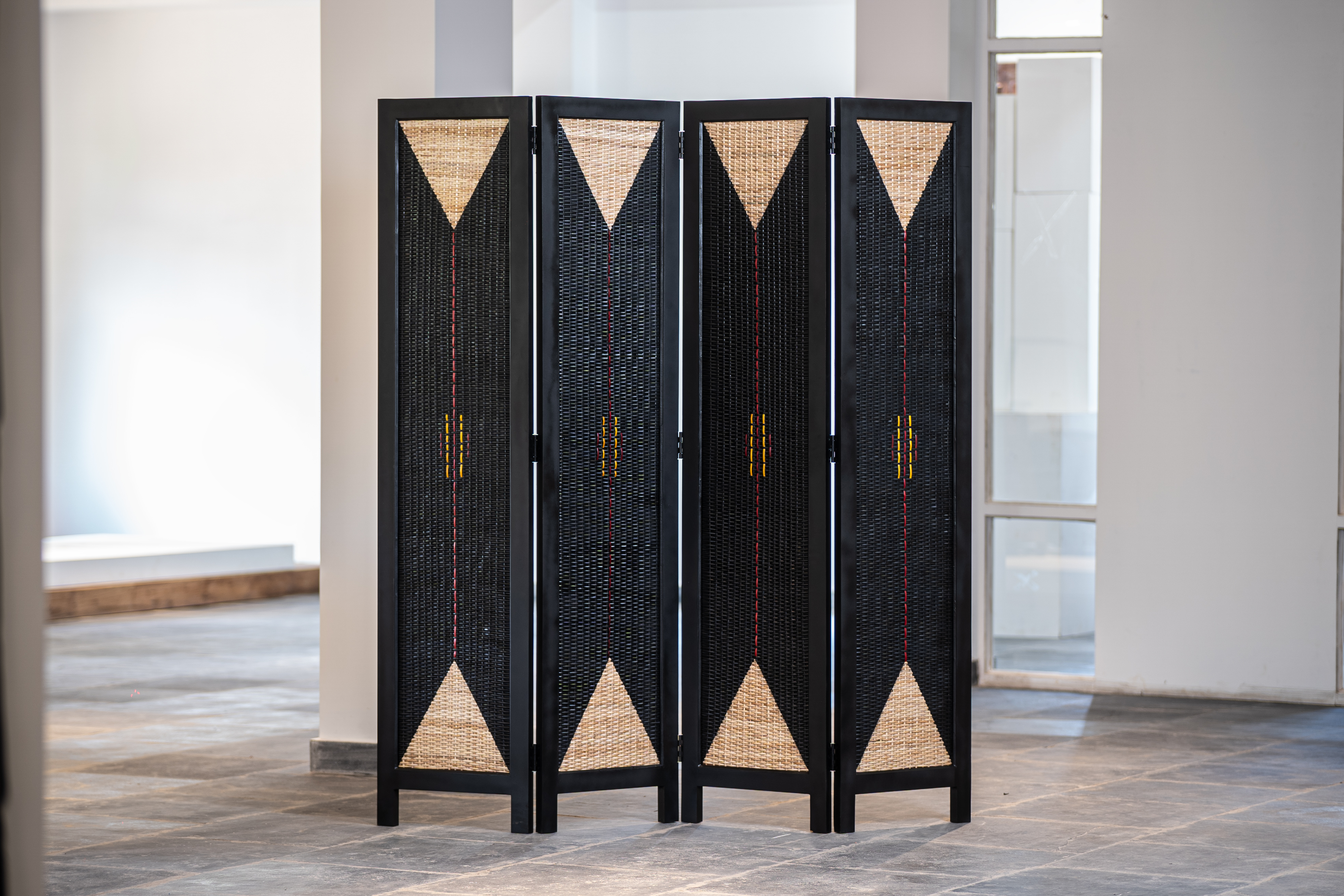Angkha room divider with Naga-inspired colour and pattern by Aku Zeliang