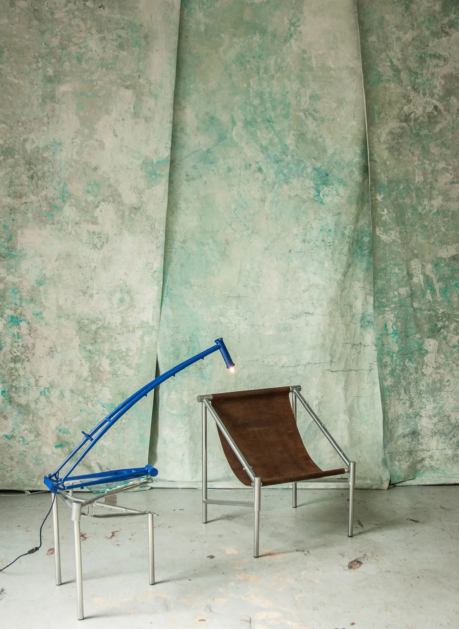 O.F.F table lamp built from salvaged bicycle components by Cara Campos