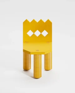 Bold Shkam chair in yellow-painted wood with a zigzag crown-shaped back and three diamond cutouts, by SHAPE & SHADE
