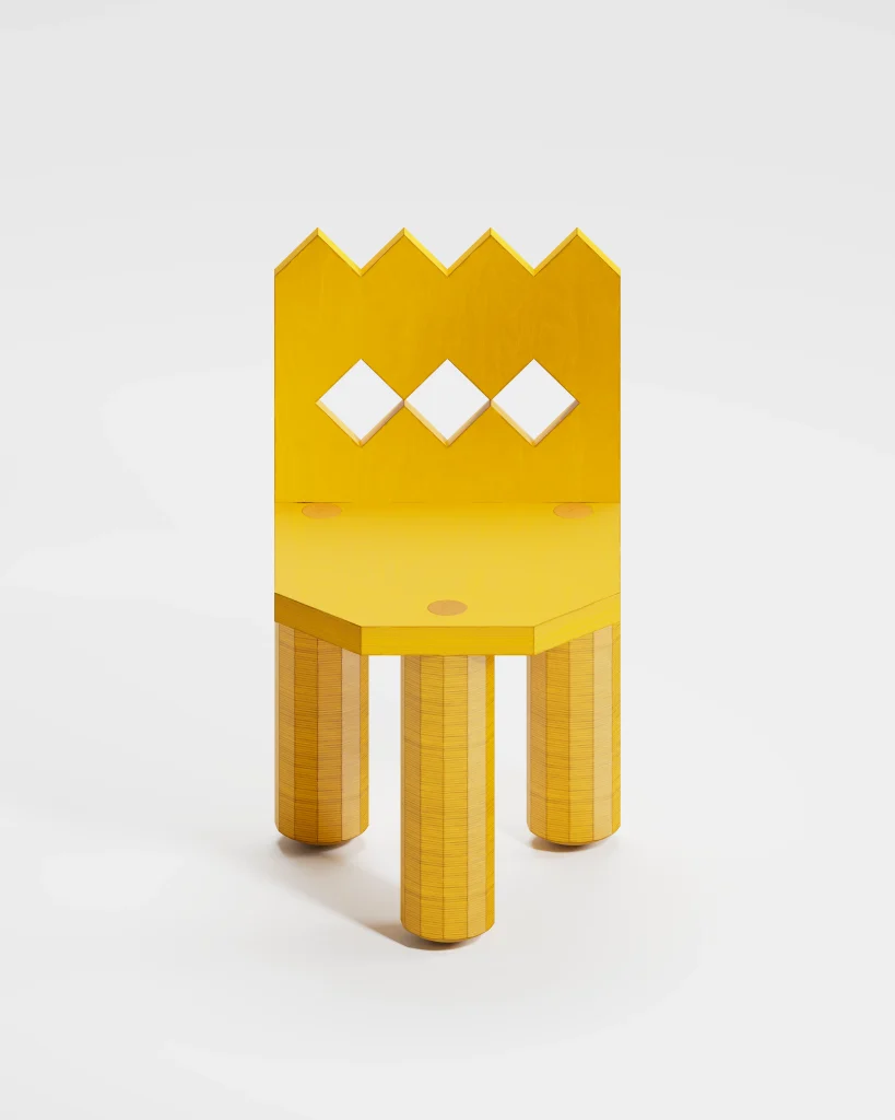 Bold Shkam chair in yellow-painted wood with a zigzag crown-shaped back and three diamond cutouts, by SHAPE & SHADE