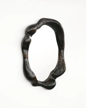 Sculptural Wavy Mirror In Charred Oak