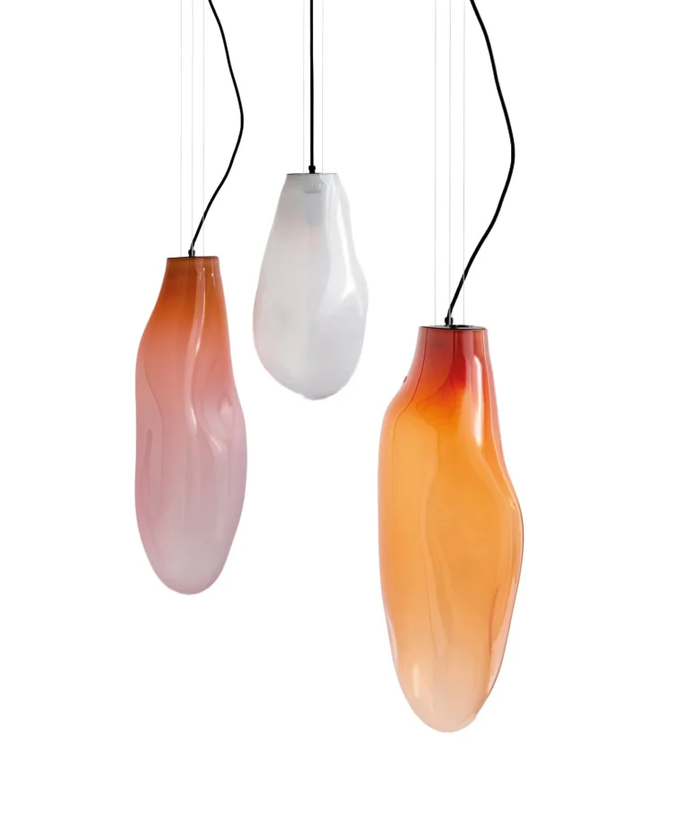 Lyra Pendant Lamp Set of 3 in coral, white and orange blown glass, hanging together, front view.