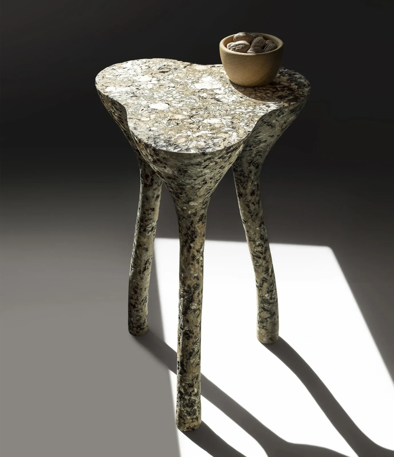 Solid Beige Stone Low Side Table – Tripod Series In Cast Stone By