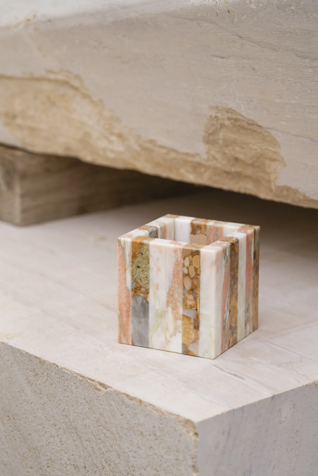 Strata flower base cube vase in pink by Iyo Hasegawa